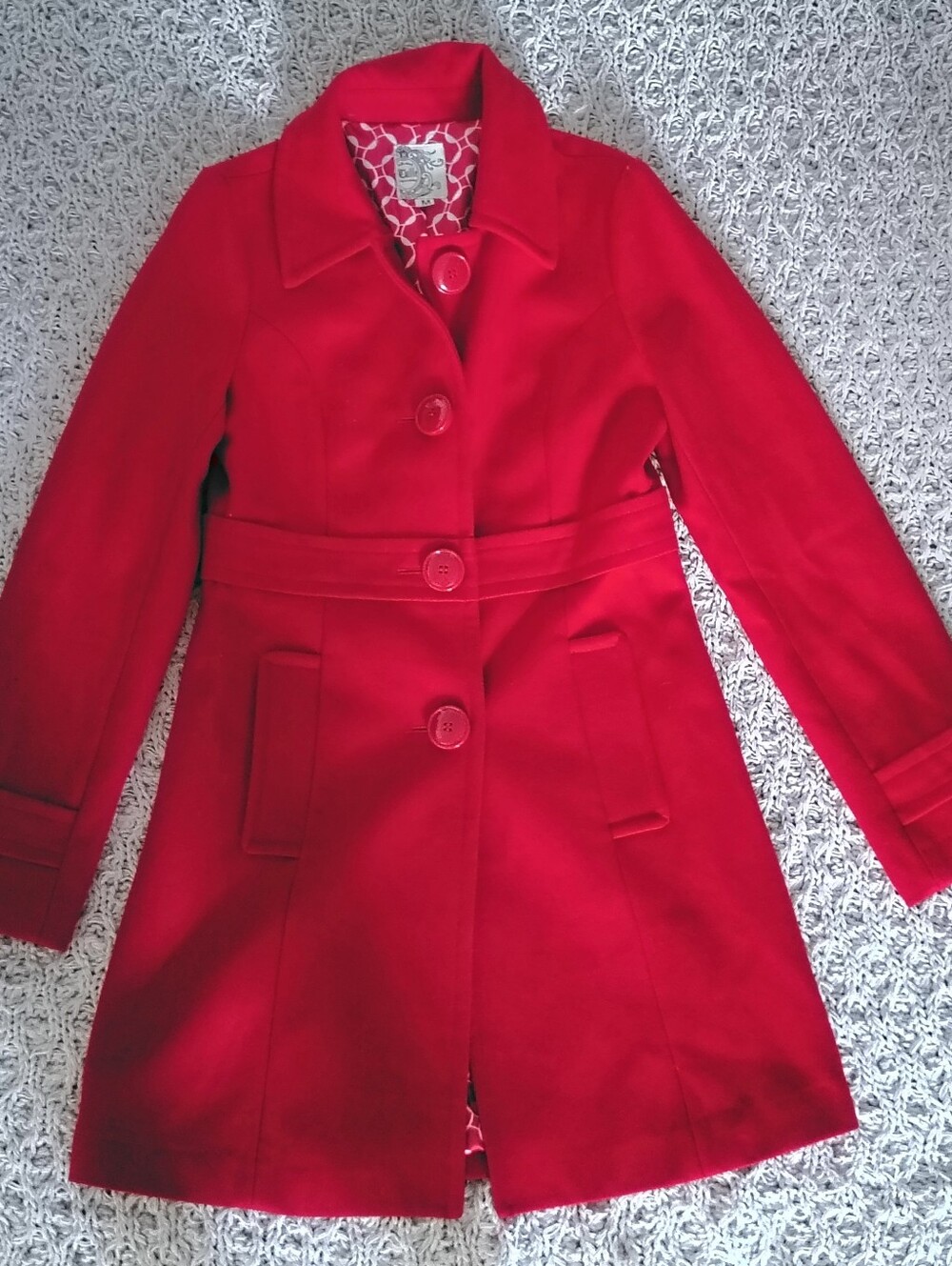 Anthropologie Tulle Wool Blend Red Button Down Mid Length Lined Peacoat Medium